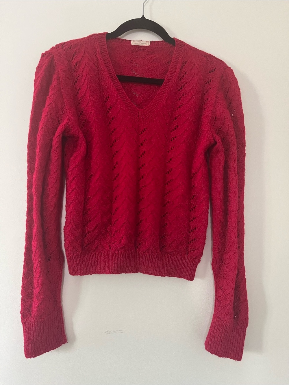 Vintage Handmade Cherry Red Crochet Knit Pointelle Sweater Small Cottagecore